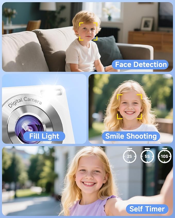 Digital Camera, 44MP FHD 1080P Camera for Kid with 16X Zoom Anti Shake, Compact Small Camera with 32GB SD Card, Digital Camera for Teens for Teens Girls Kids Adults(White)