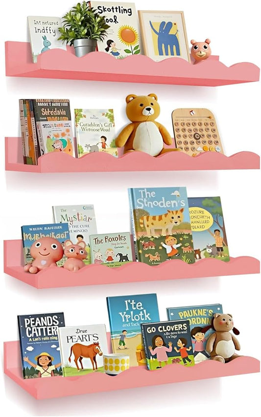 Nursery Book Shelves, 4 Pack Pink Floating Shelves for Wall, Wood Scalloped Shelves for Storage Books, Wall Book Shelf for Kids Rooms, Bedroom, Toddler Room, Baby Room, Nursery Decor