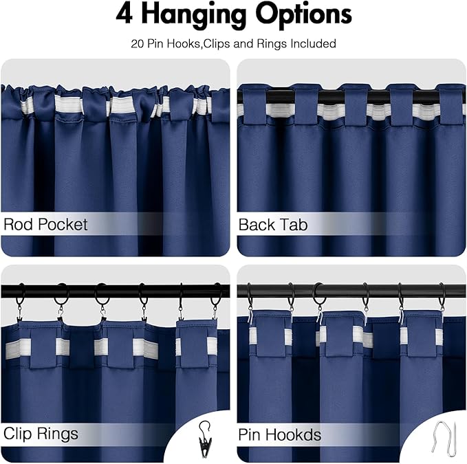 ANRODUO Back Tab Blackout Curtains for Bedroom Living Room, Rod Pocket Pinch Pleated Thermal Insulated Room Darkening Curtains 96 Inches Long 2 Panels, Navy Blue, 42 x 96 Inch