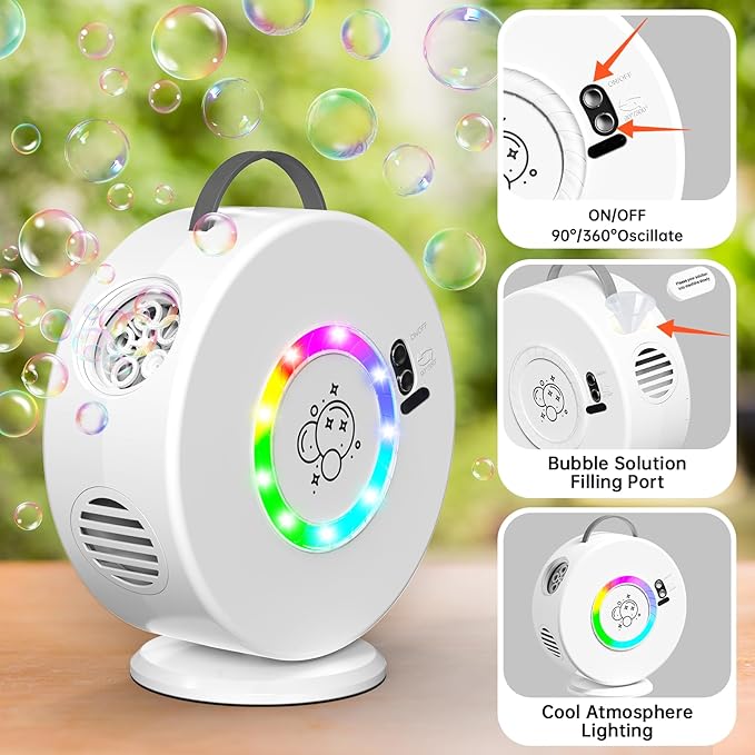 Bubble Machine Automatic LED Lights Bubble Blower for Kids Rechargeable Portable Bubble Maker Auto Rotating 90°/360° Outdoor Birthday Party Wedding (Led White)