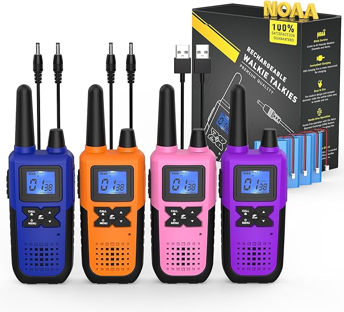 Walkie Talkies Rechargeable for Adults Long Range with NOAA Weather Alert, Multi-Purpose 2 Way Radios 4 Pack for Team Work Seniors Care Kids Adventure Family Camping Hiking Skiing Cruise