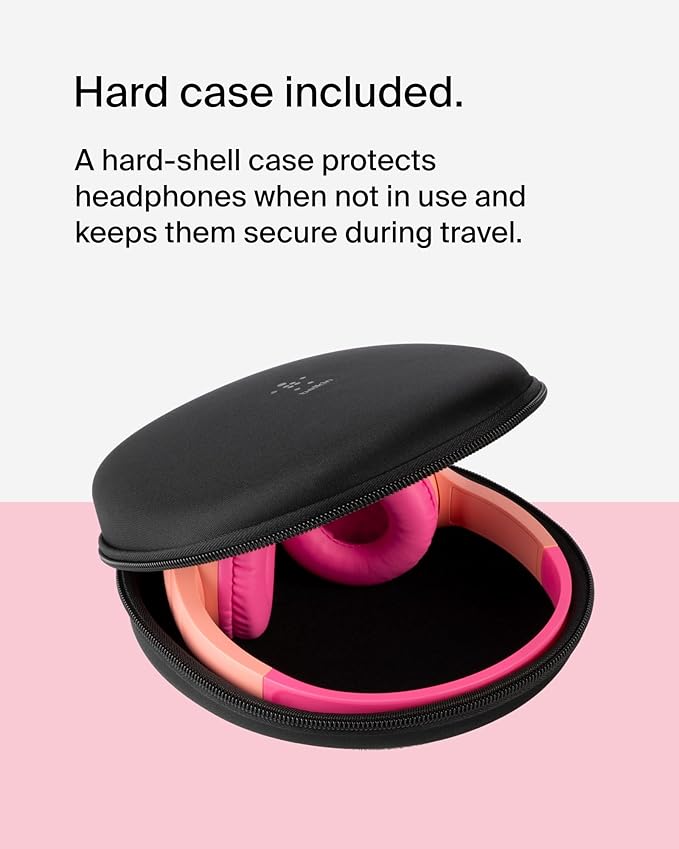 Belkin SoundForm Mini w/Case - Wireless Bluetooth Kids Headphones with 30H Battery Life, 85dB Safe Volume Limit, Built-in Microphone - Kids On-Ear Earphones for iPhone, iPad, & More - Pink