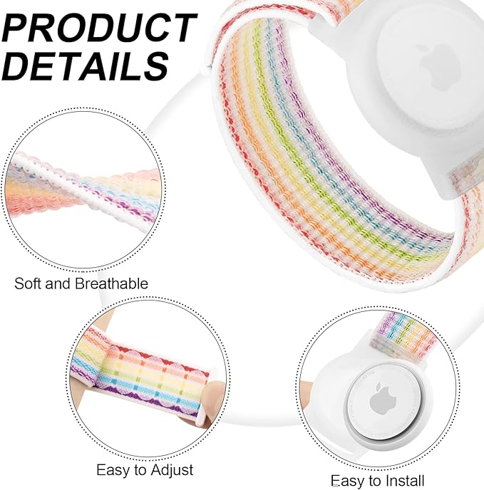 Kids Wristband Protective Case Compatible with Apple AirTag, Adjustable Nylon Bracelet for Air Tag GPS Tracker Holder with Anti Lost Watchband for Toddler Child Kids (Pink+White Rainbow)
