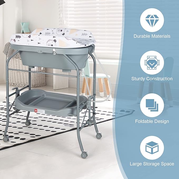 HONEY JOY Baby Changing Table with Bathtub, Foldable Infant Diaper Changing Station with Wheels, Storage Tray, Waterproof Pad, Portable Newborn Nursery Organizer Bath Stand for Boys Girls (Gray)