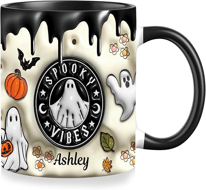 Custom Halloween Coffee Mug with Names, Pumpkin Coffee Cup, Personalized Ghost Ceramic Coffee Mug, Spooky Vibes Trick Or Treat Halloween Accent Mug, Spooky Season Gift for Women Men 11 Oz