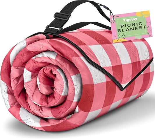 TigeJoy Extra Large Picnic Blanket Waterproof Foldable 60''x80'', Outdoor Picnic Mat Beach Blanket Sandproof for Park, Grass, Travel, Hiking, Camping Essentials, Gingham Picnic Blanket