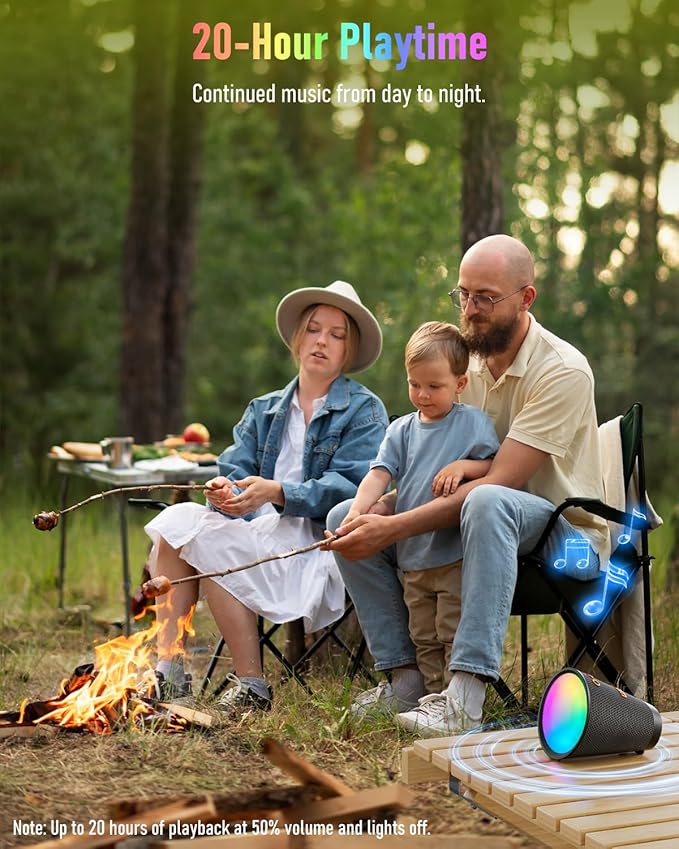 Portable Bluetooth Speaker Wireless with 9 Color Lights, 20H Playtime, Stereo Pairing, Deep Bass, IPX6 Waterproof, Bluetooth 5.3, Small Speaker for Home, Party, Outdoor, Camping, Beach, Gift
