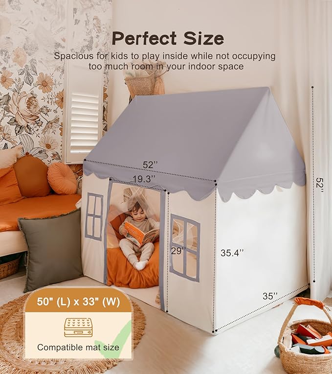 Little Dove Play Tent with mat, Star Lights, Tissue Garland, Kids playtent Indoor, Toddler Play Tent Large Outdoors for Kids Aged 3+, 52" x35" x 52", Toddler Teepee Play House with Windows Grey Color