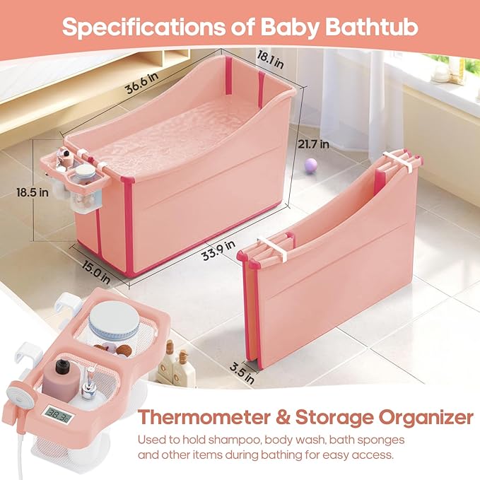 Collapsible Baby Bathtub Foldable Bathtub for Toddler Portable Large Foldable Bath Tub Bathtub for Kids Petite with Thermometer and Storage Basket (Pink)