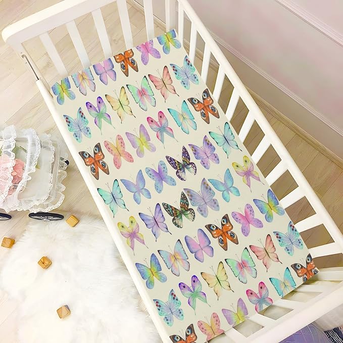 Retro Butterflies Colorful Crib Sheets for Boys and Girls, Fitted Baby Crib Sheets Soft and Breathable Mini Crib Sheets 52 X 28 Inches