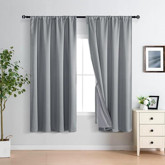 XWZO Full Shading Blackout Curtains 72 Inches Length - Heat and Light Blocking Rod Pocket Window Drapes with Black Liner Backing for Bedroom Sewn with Tiebacks, Grey, W52 x L72, Set of 2