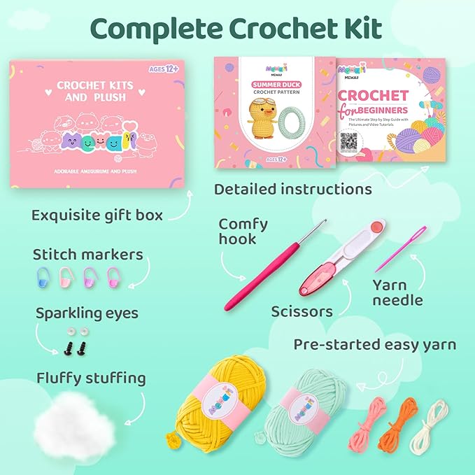 Mewaii Crochet Kit for Beginners Level 2 with 40% Extra Eco-Friendly Pre-Started Easy Yarn, Step-by-Step Video Tutorials for Adults and Kids (Summer Duck)