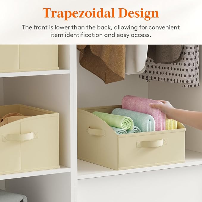 Lifewit Storage Baskets for Shelves, 6 Packs Non-woven Fabric Trapezoid Closet Organizer Bins with Handles, Foldable Clothing Containers Box for Clothes, Toy, Towel, Book, DVD, Hats, Small-Beige