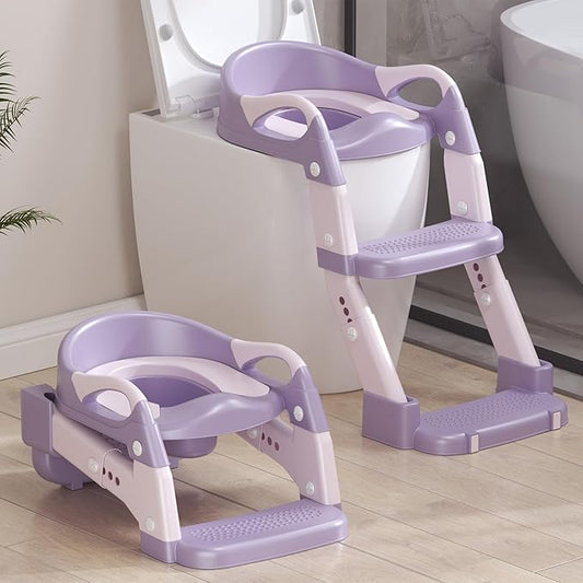 2-in-1 Toddler Potty Training Toilet Seat with Step Stool Ladder – Adjustable Height Potty Chair Urinal for Baby Boys Girls Age 1-3, Foldable Training Potty with Splash Guard & Anti-Slip Feet, Purple
