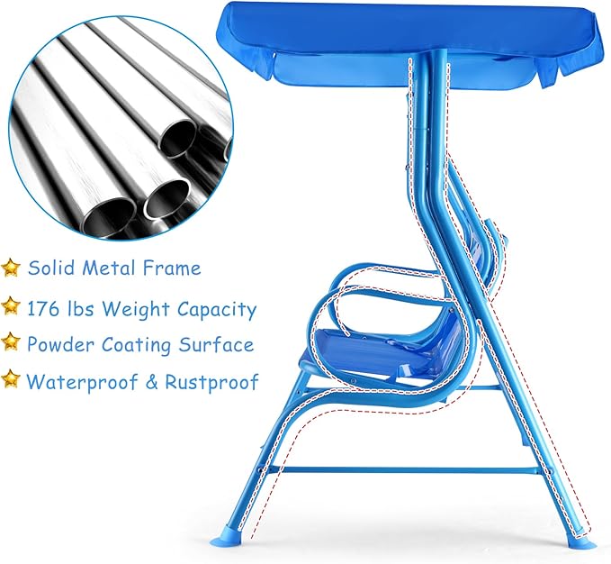 GLACER Porch Swing, Kids Patio Hammock w/Adjustable Canopy & Stand, Safety Belt, 2 Seats Outdoor Swing Bench, Metal Frame Hanging Lounge Chair, Swing Sets for Backyard, Garden, Poolside (Blue Puppy)