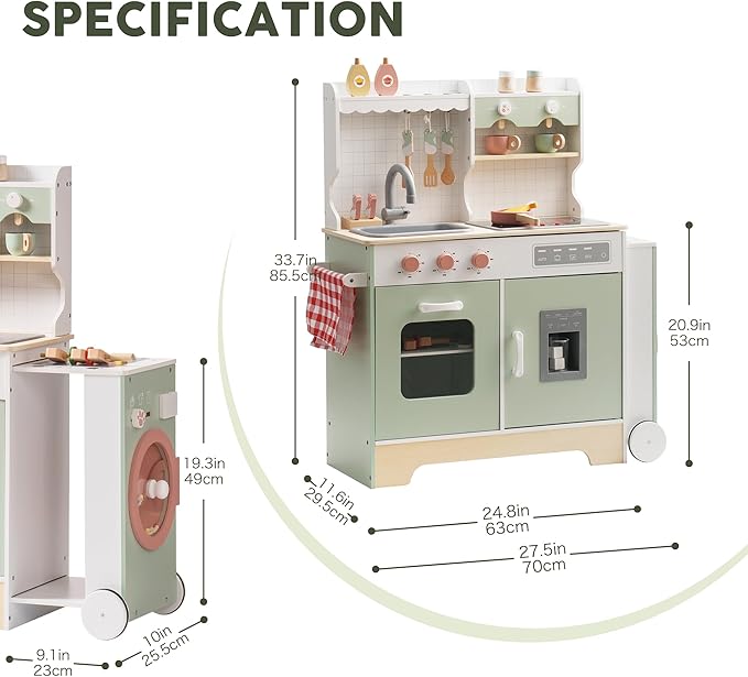 ROBOTIME Wooden Play Kitchen for Kids, Pretend Kitchen Set with Ice Maker, BBQ, Lights & Sounds, Toy Kitchen for Toddlers Ages 3+, Kitchen for Boys and Girls