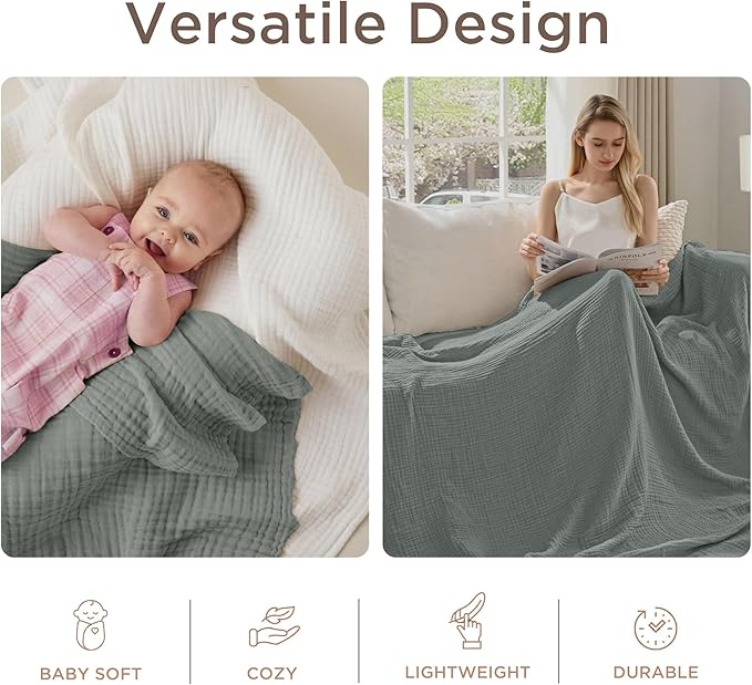 Threadmill Summer Muslin Twin Blanket | 4 Layer 100% Cotton Gauze | Soft, Breathable, and Lightweight Muslin Blanket | Ideal for All Seasons | Lightweight Blanket| Scottish Grey