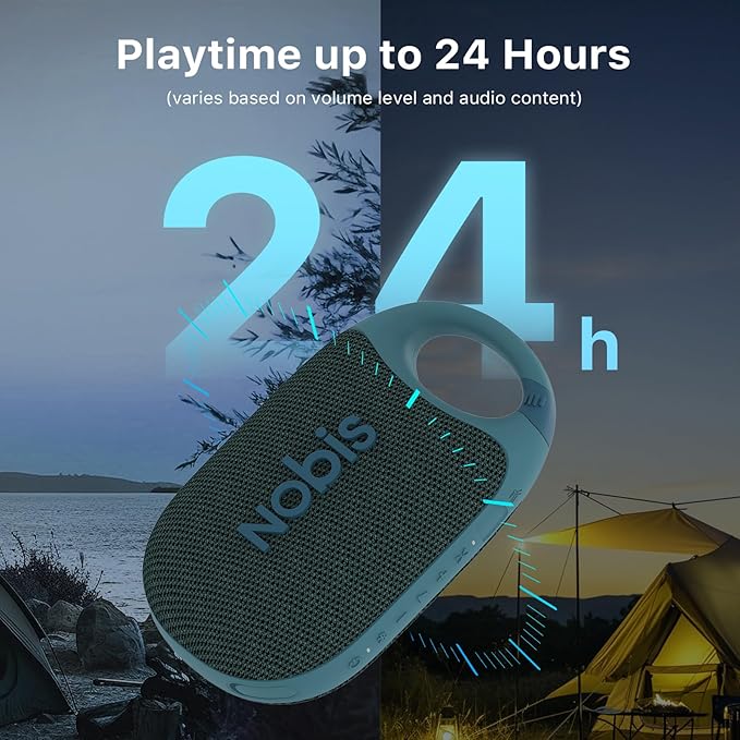NOBIS Clip N1 Portable Bluetooth Speaker with App, Beat Mode, Up to 24H Playtime, IP68 Waterproof, BT 5.3, HD Sound, Stereo Pairing, Custom EQ, Perfect for Outdoor, Home and Adventure (Blue)