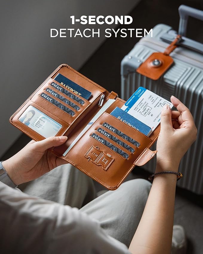 VULKIT Airtag Passport Holder for Travel, RFID Blocking Travel Wallet, Passport Cover for Family with Luggage Tag & Wrist Strap, Holds ID Card, 6+ Cards, Tickets, Cash, Coin, Brown, Family 4 persons