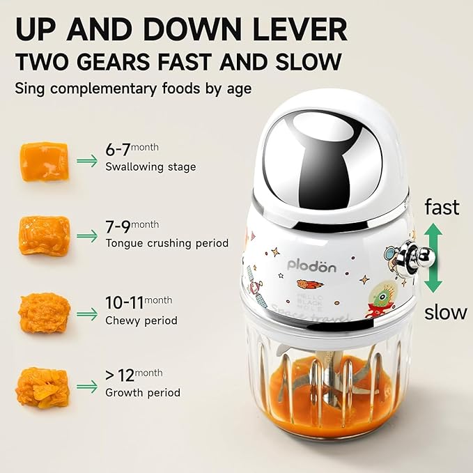 Baby Food Maker Mini Cute and Small Food Processor Puree Blender Grinder Chopper 1.2 Cup Glass Bowl with 6 Blade Electric (Spaceman-White)