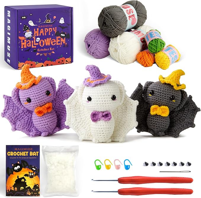 MAGIMUSE Crochet Kit for Beginners, Crochet Starter Kits Halloween Amigurumi Knitting Crochet Animals Kits Hooks Yarn Set with Step-by-Step Video Tutorials, 3 Colorful Bats (40%+ Yarn)…
