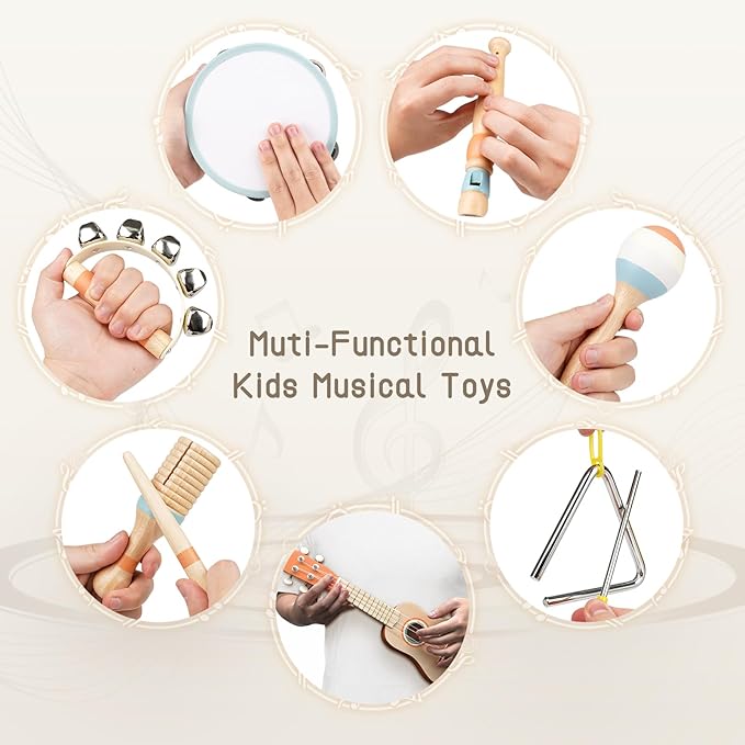 Kids Guitar Set - 7 in 1 Musical Instruments for Toddlers 2-4, Wooden Musical Toys for 2 3 4 Year Old Boy & Girls Birthday Gifts, Band Sets with Ukulele/Flute/Tambourine/Maracas Toys for Kids 3-5