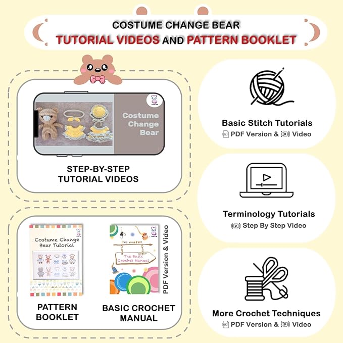 LoopMap Crochet Kit for Beginners - DIY Amigurumi Bear with Removable Dress & Accessories, Step-by-Step Video Tutorials, Extra Yarn, Crochet Tools, Handmade Gift for Kids & Adults(Bear-Yellow)