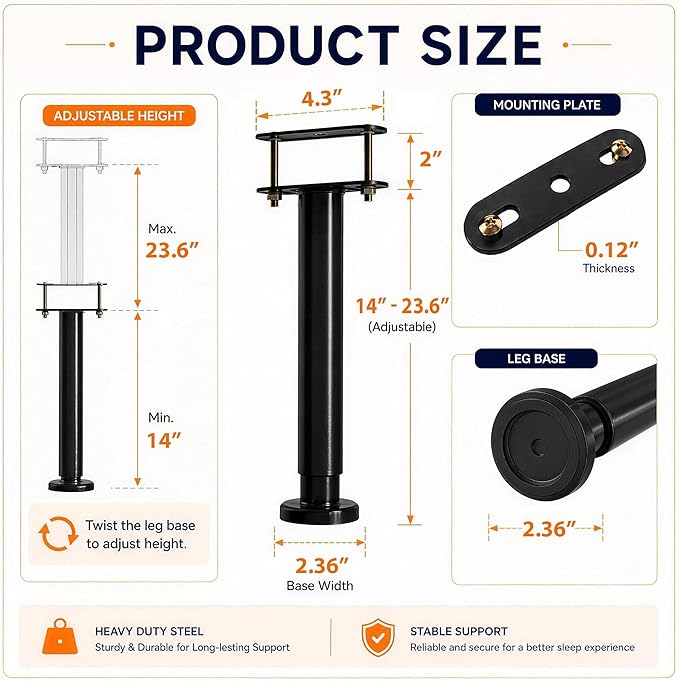 2Pcs Bed Frame Support Leg, Adjustable Height 14" to 23.6", Increase Under-Bed - Image 2