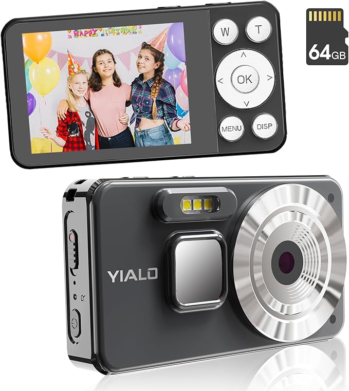 4K Digital Camera for Teens, FHD 64MP Digital Camera for Kids with 64GB SD Card, 18X Digital Zoom Cameras for Photography, Point and Shoot Video Camera for Kids, Black