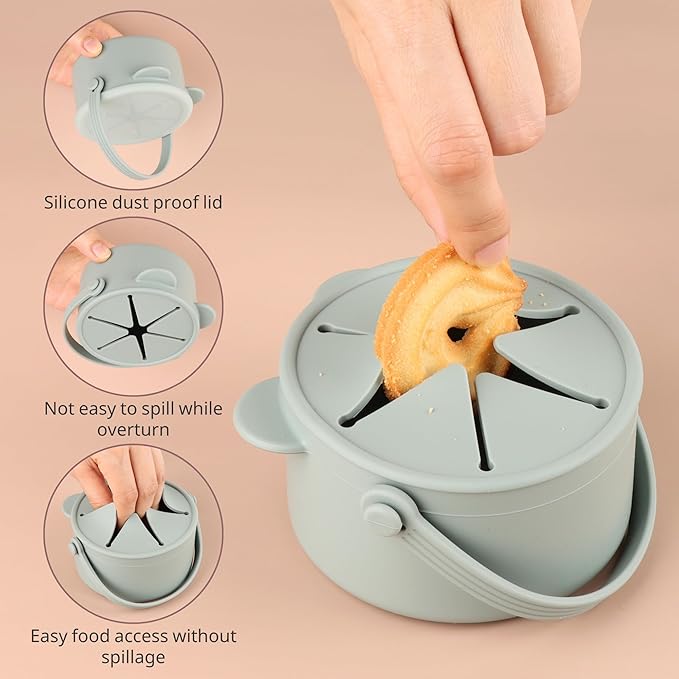 Silicone Snacks Containers for Toddlers, Baby Food Catcher Spill Proof, Kid Snacks Holder with DustProof Lid, 2 Pack Dishwasher Safe (Shifting Sand/Sage)