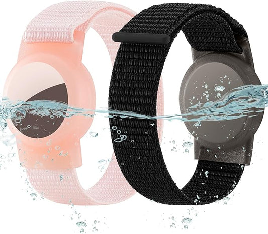 Waterproof Air Tag Bracelet for Kids (2 Pack), Soft Nylon Hidden Air Tag Wristband Full Cover Lightweight GPS Tracker Holder Compatible with Apple AirTag Band for Toddler Child (Black & Pink)