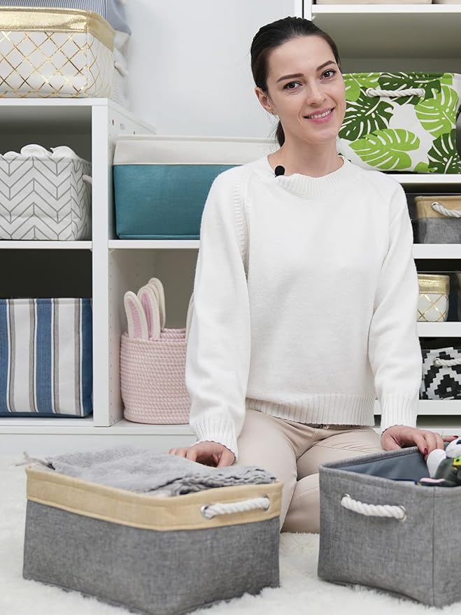 TheWarmHome Storage Basket for Organizing - 3 Pack 14x10x7 inch Large Collapsible Storage Bin for Shelves, Fabric Storage Cubes for Organizer ClosetCloth Gift Toy (Grey & Gold)