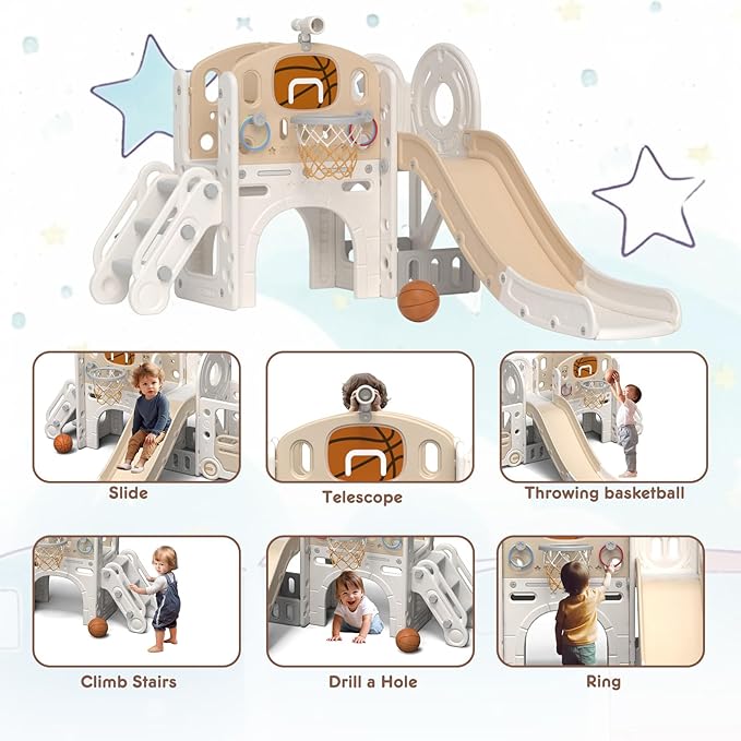 XJD 8 in 1 Toddler Slide Set, Kids Slide for Toddlers Age 1+, Toddler Climber Slide PlaySet with Basketball Hoop and Ball,Outdoor Indoor Playground for Toddlers 1-3 (Beige Coffee, 8 in 1)