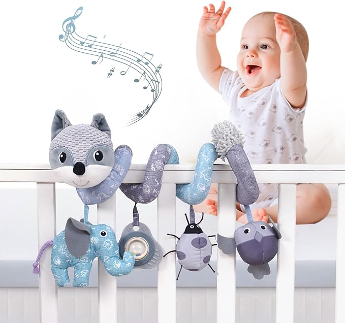 Jollybaby Baby Car Seat Stroller Toys, Plush Activity Hanging Spiral Activity Pram Crib with Music Box, Rattles, Squeaker for Babies Infant Boys Girls(Grey Fox)