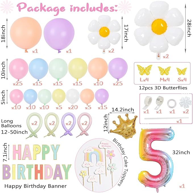 5th Birthday Decorations Girl, Slmeno Daisy Pastel Balloon Arch Kit 219Pcs, 5 Year Old Girl Pastel Rainbow Party Decorations, with Happy Birthday Banner, Cake Toppers, Gold Butterfly Decoration