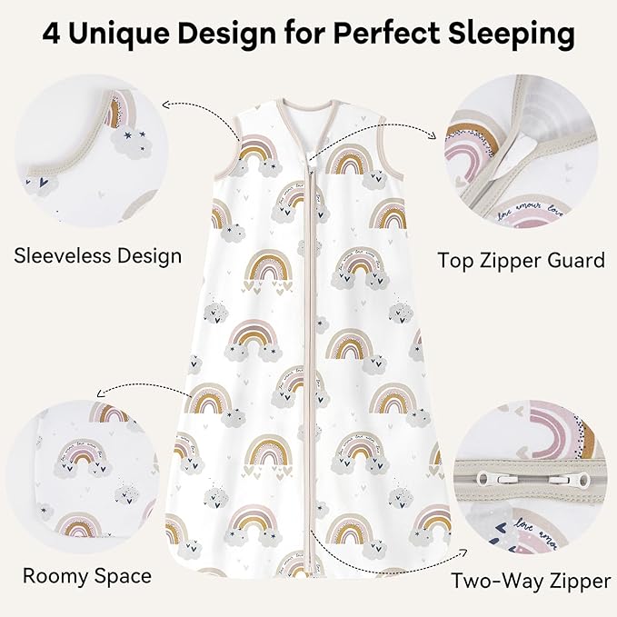 Baby Sleep Sack 0-6 Months 0.5 Tog Wearable Blanket Baby, 3 Pack 100% Cotton Lightweight Sleeping Sack with 2-Way Zipper for Newborn Infant Apricot White Sun Clouds