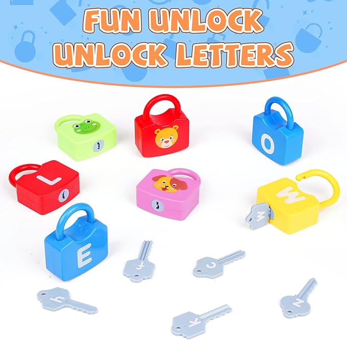 AXEARTE Montessori Educational Toys - Alphabet Learning Locks and Keys for Toddlers - 26 Locks & Keys Set - Baby Sensory Fine Motor Skills Toys - ABC Locks and Keys
