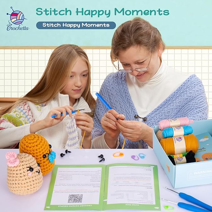 Crochetta Crochet Kit for Beginners, Learn to Crochet Kits for Adults Kids, Jumbo Potato Couple, Includes Yarn, Hooks, Stuffing, Pattern, Video Tutorials