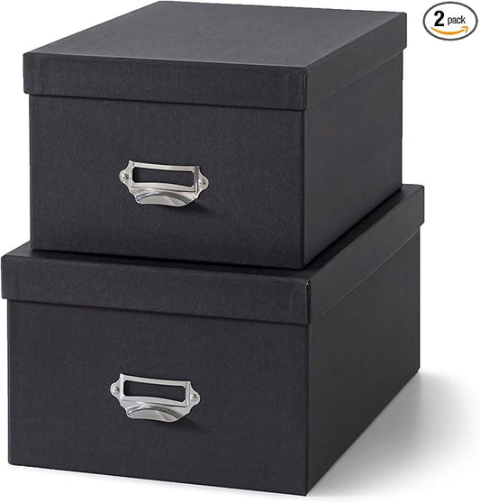 Soul & Lane Black Decorative Cardboard Storage Boxes with Lids, Set of 2 Stacking Keepsake Photo and Memory Boxes for Home & Office, Elegant Paperboard Organizers with Label Holders and Drawer Pulls
