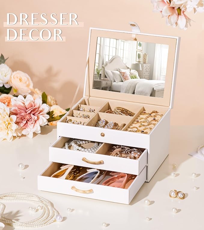 White Jewelry Box Organizer: Home Decor for Women - 2-Drawer Holder for Valentine’s Day Birthday Christmas White Pink