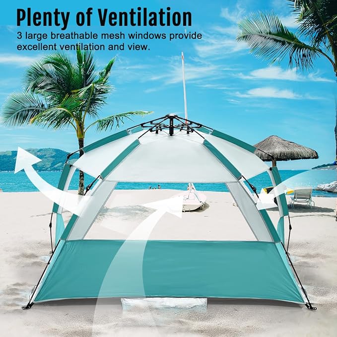 WhiteFang Deluxe Pop Up Beach Tent Sun Shade Shelter for 3-4/5-6 Person, UV Protection, Extendable Floor with 3 Ventilating Windows Plus Carrying Bag, Stakes, and Guy Lines