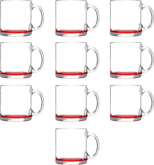Libbey Clear Glass Coffee Mugs 13 oz. Set of 10, Bulk Pack - Perfect for Coffee, Tea, Espresso, Hot Cocoa, Other Beverages - Red Bottom