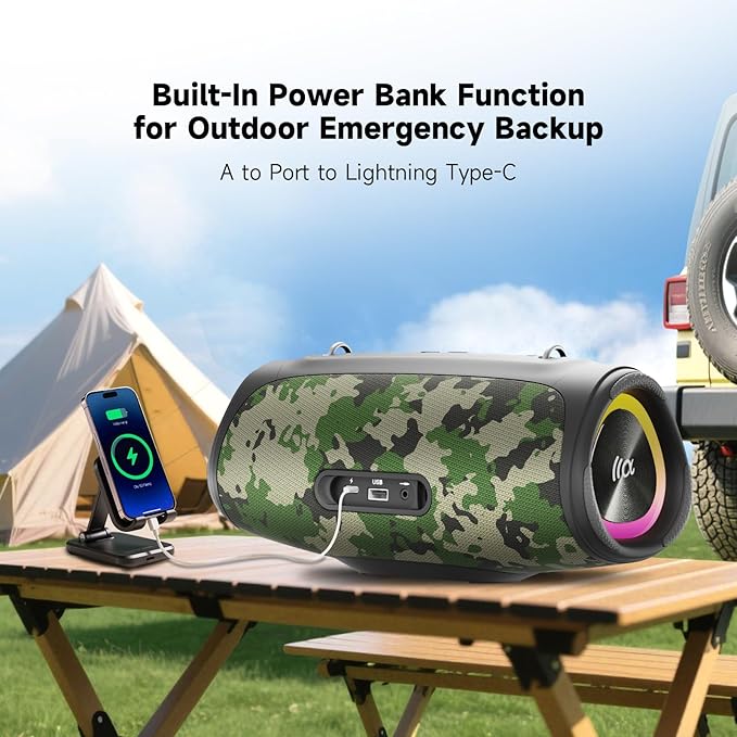 Portable Bluetooth Speaker 60W RMS,90W Peak Loud Subwoofer Wireless Stereo with HD Sound,8H Playtime IPX7 Waterproof for Party cmaping Beach (CAMO-60W RMS/90W Peak)