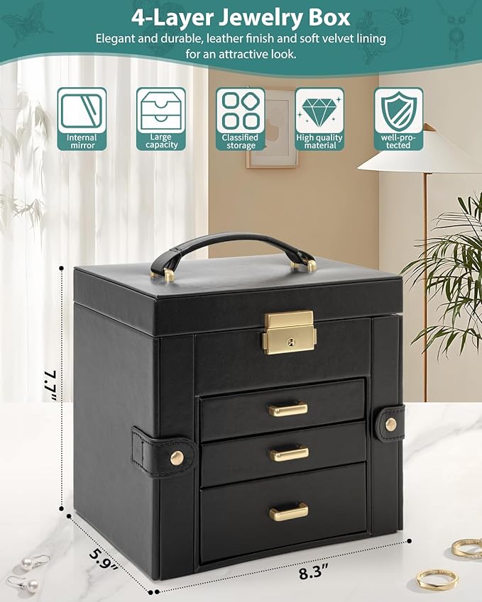 AKOZLIN 4-Tier Jewelry Box Leather Jewelry Storage Organizer with 3 Drawers Lockable for Women Girls Ring Necklace Earring Bracelet Holder with Mirror Black
