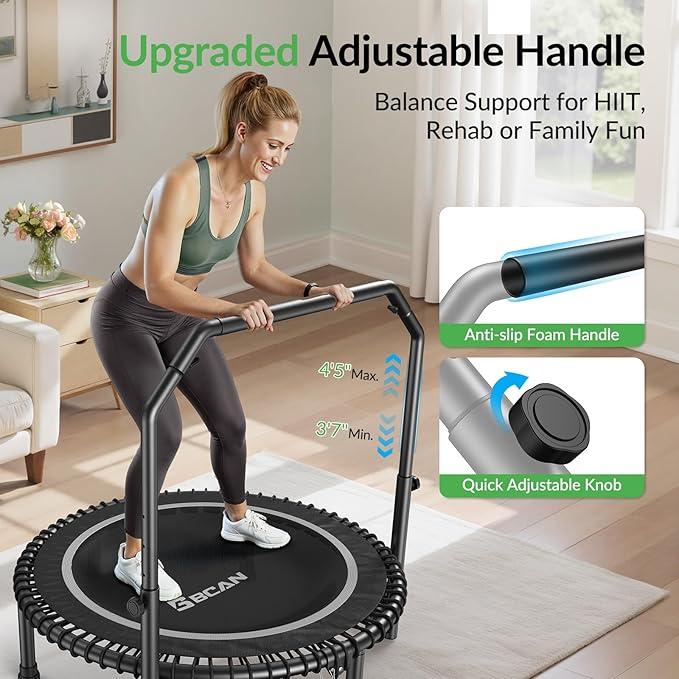 BCAN 40"/48" Mini Rebounder Trampoline for Adults with Bar, 450/550LBS Fitness Trampoline with Bungees, Adjustable Handle, Stable & Quiet, Indoor Outdoor, Whole-Body Workout & Relaxation at Home