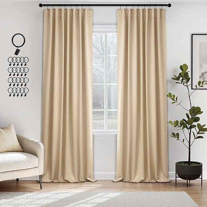 ANRODUO Back Tab Blackout Curtains for Bedroom Living Room, Rod Pocket Pinch Pleated Thermal Insulated Room Darkening Curtains 96 Inches Long 2 Panels, Beige, 42 x 96 Inch