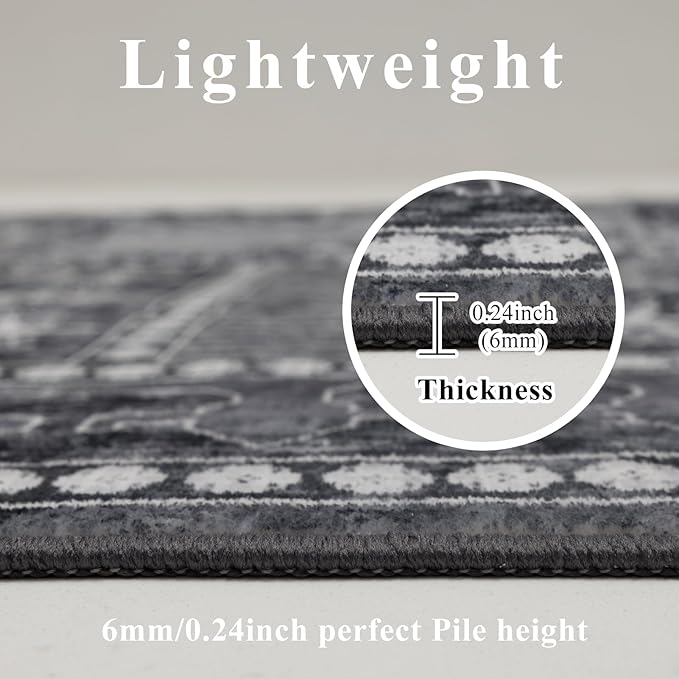 Washable 6x9 Area Rug for Living Room, Carpet for Bedroom Dining Room, Non Slip&Non-Shedding Resistant Low Pile Vintage Print Rug for Home Office (Grey)