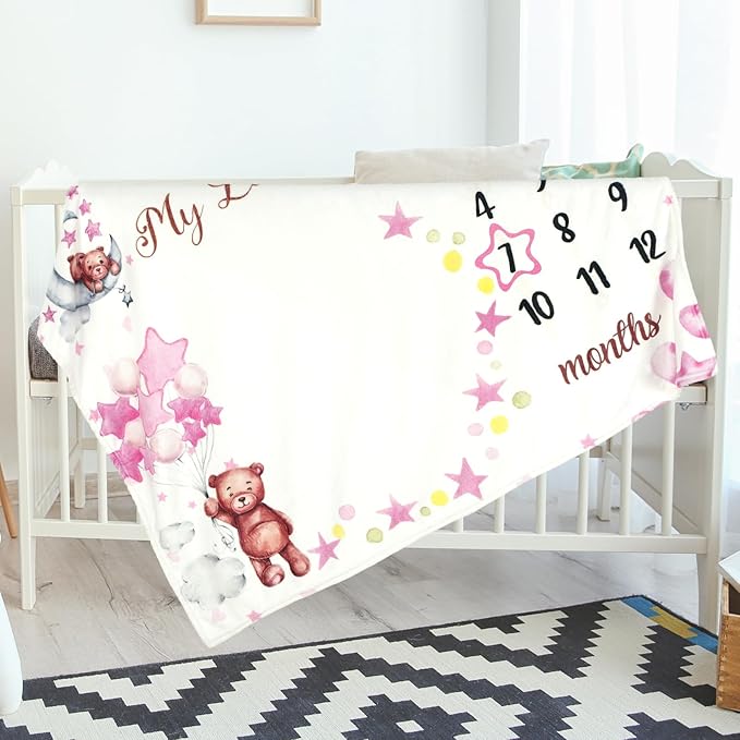 Sleeping Bear Monthly Baby Milestone Blanket Bear Star Balloon Flannel Blanket Boy Newborn Infant Swaddle Growth Chart Baby with Frame for Boys Girls Nursery (Pink)