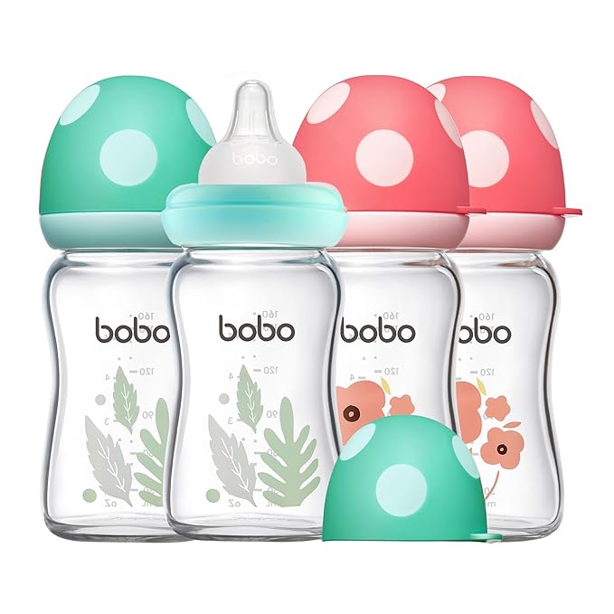 YOHKOH Natural Glass Baby Bottle with Natural Response Nipple, Newborn Anti-Colic Baby Bottles, Wide Neck Mushroom Cap Baby Bottle, Clear ((5.4oz (Pack of 4), Multicolour)