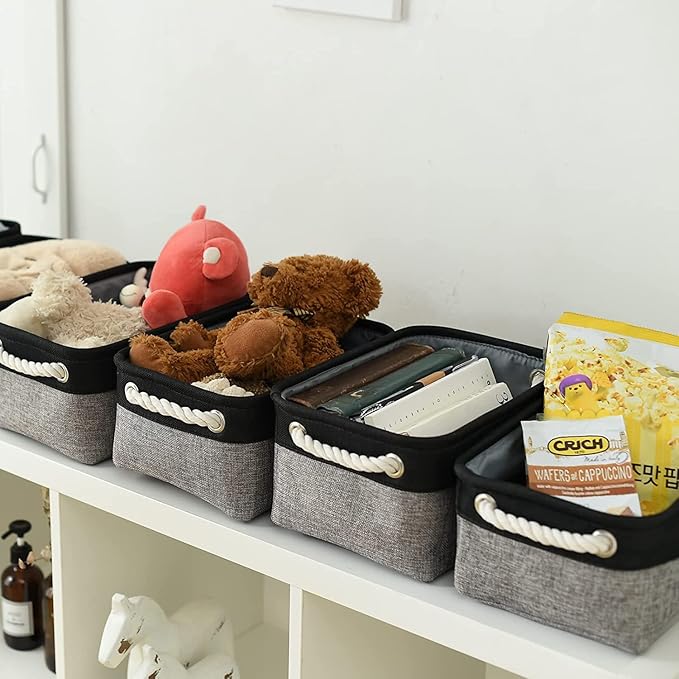 TheWarmHome Storage Basket for Organizing - 12x8x5.2 inch Small 6 Pack Collapsible Storage Bin for Shelves with Rope, Fabric Storage Cubes for Cloth Gift Toy Decorative Organizer (Black & Grey)